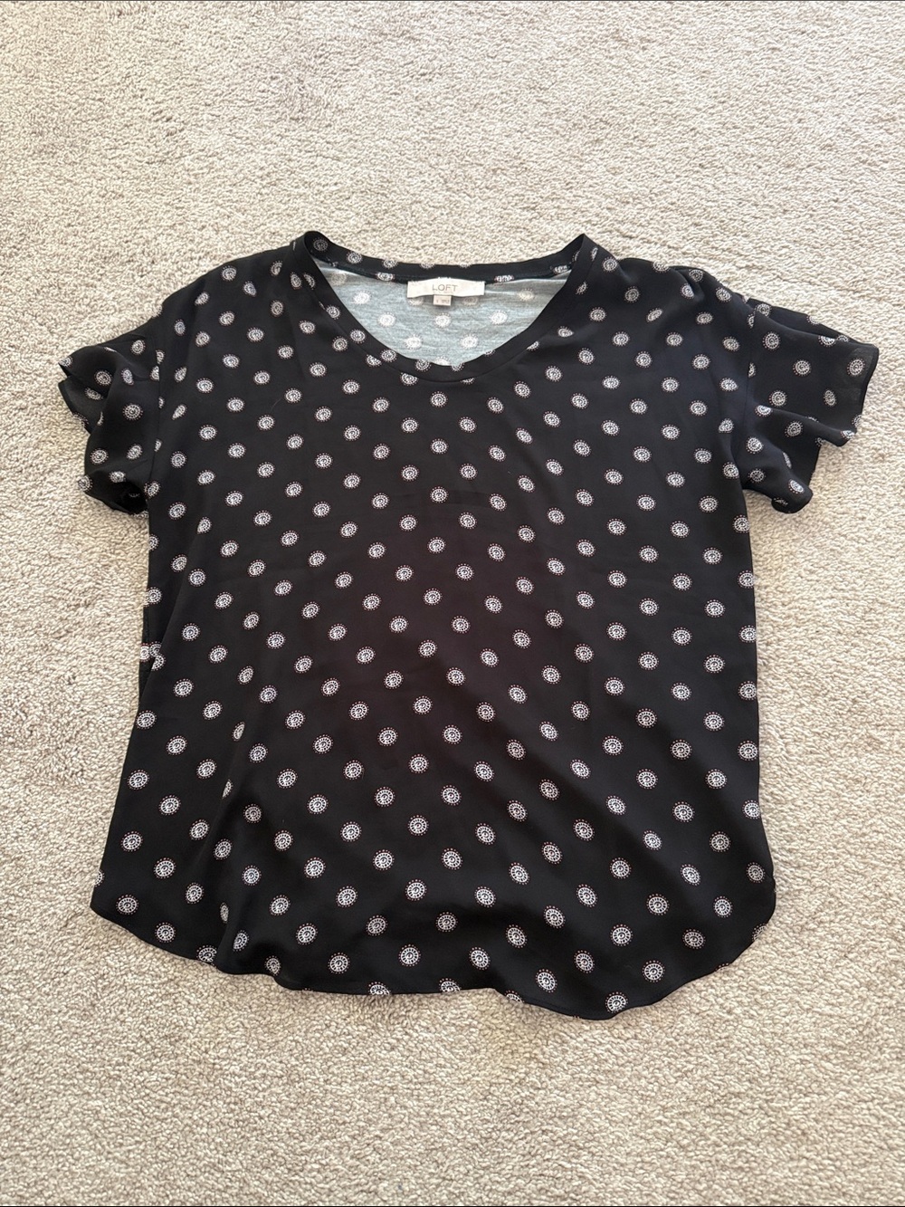 LOFT Black Short Sleeve Blouse with White Dot Print